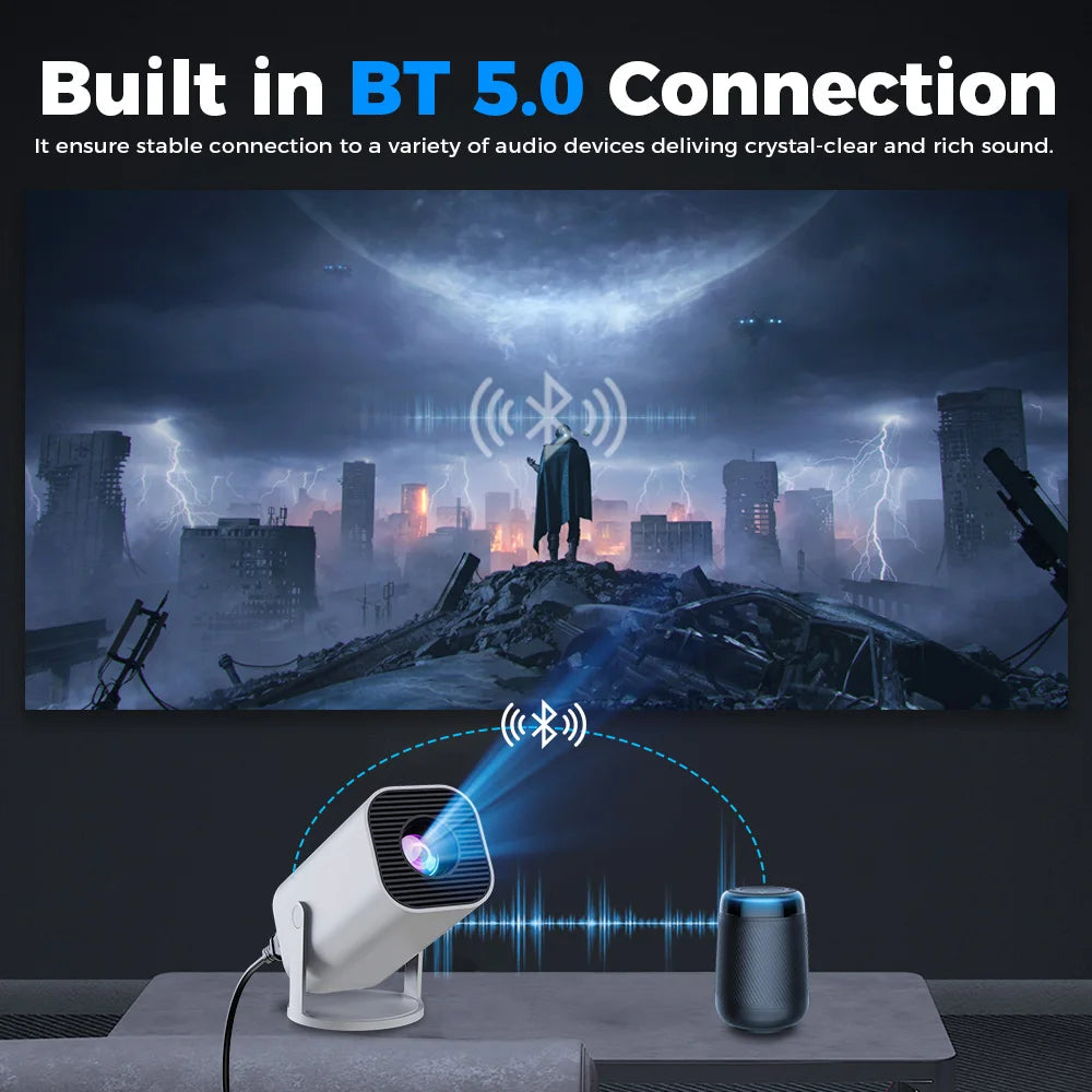 Vidéoprojecteur portable Smart Mini – HD 720p, 4K support, Android 12, WiFi 6, Bluetooth, rotation 180°