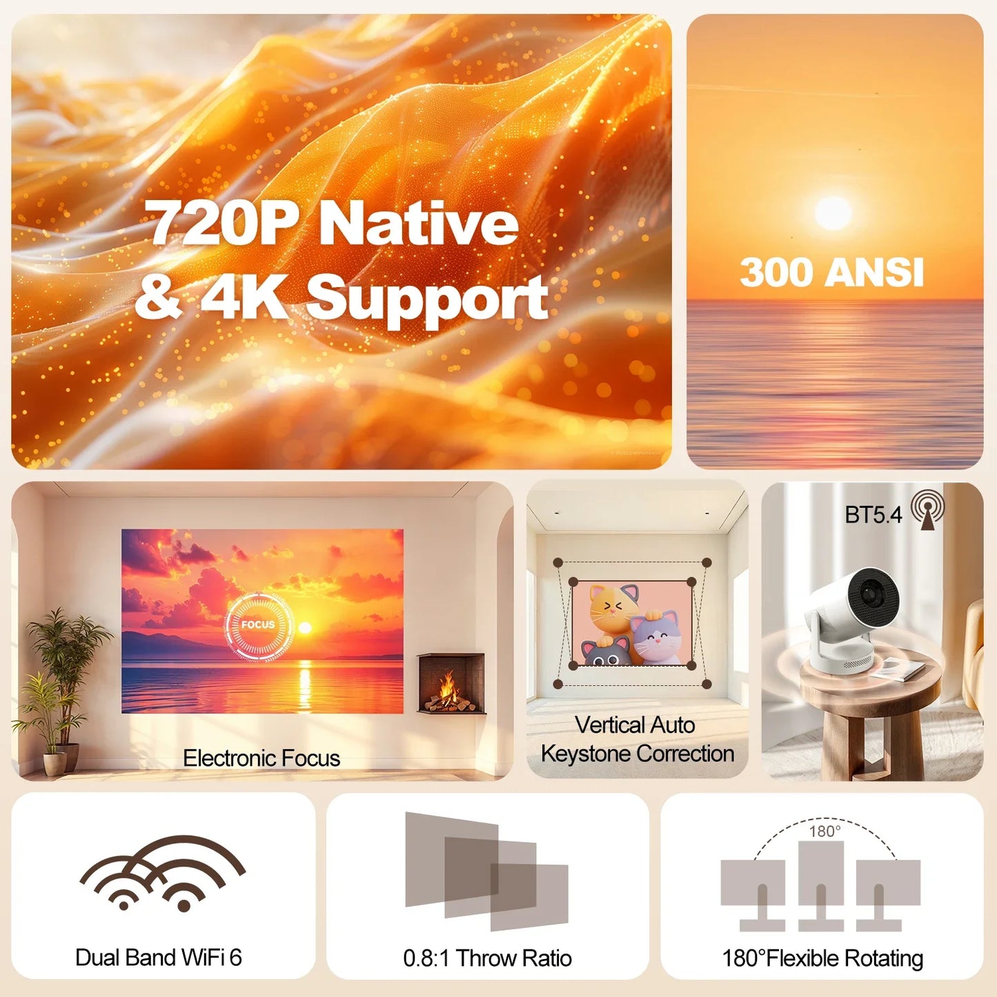 Vidéoprojecteur portable HY300 Ultra – HD 720p, ultra courte portée, Android 11, WiFi 6, Bluetooth 5.4