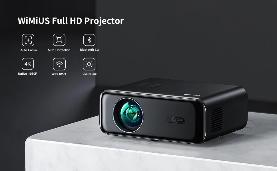 Vidéoprojecteur WiMiUS – Full HD 1080p, 4K support, WiFi 6, Bluetooth 5.2, auto focus, 600 lumens