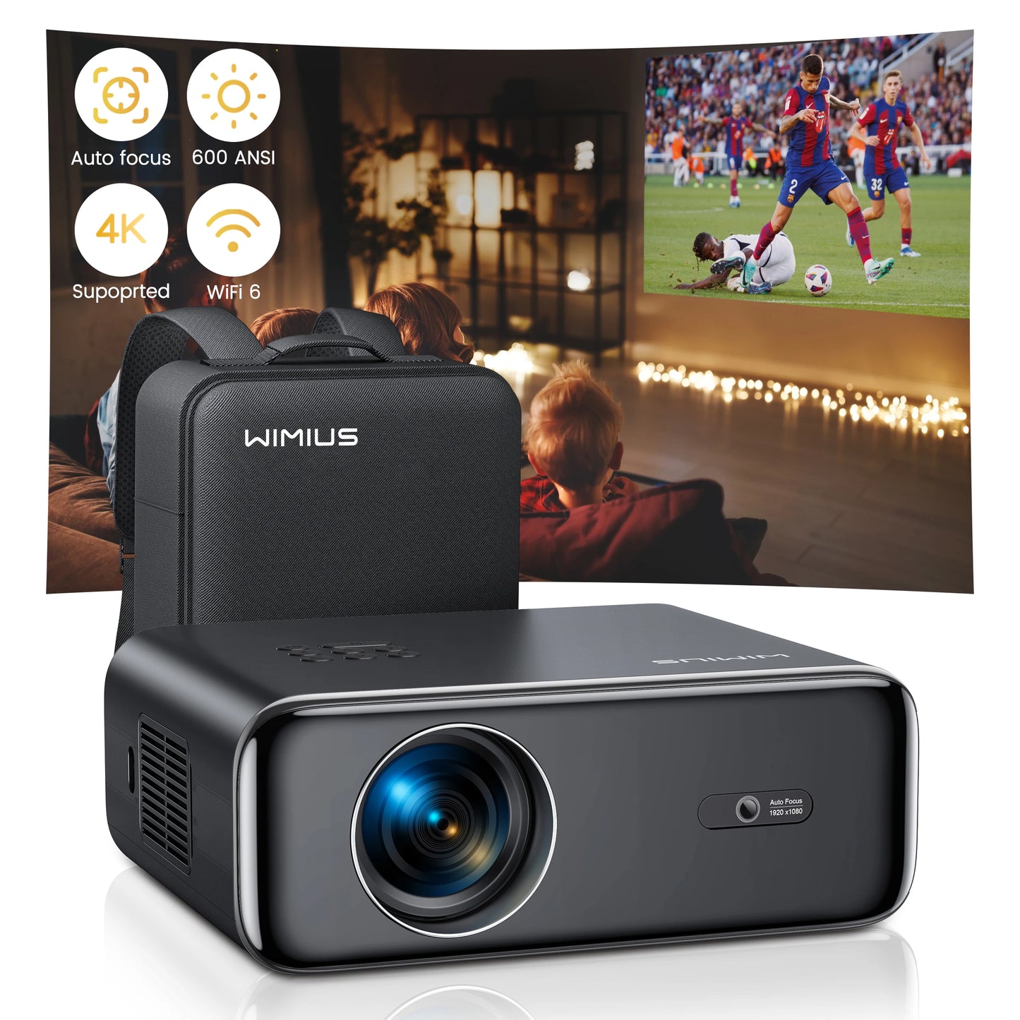 Vidéoprojecteur WiMiUS – Full HD 1080p, 4K support, WiFi 6, Bluetooth 5.2, auto focus, 600 lumens