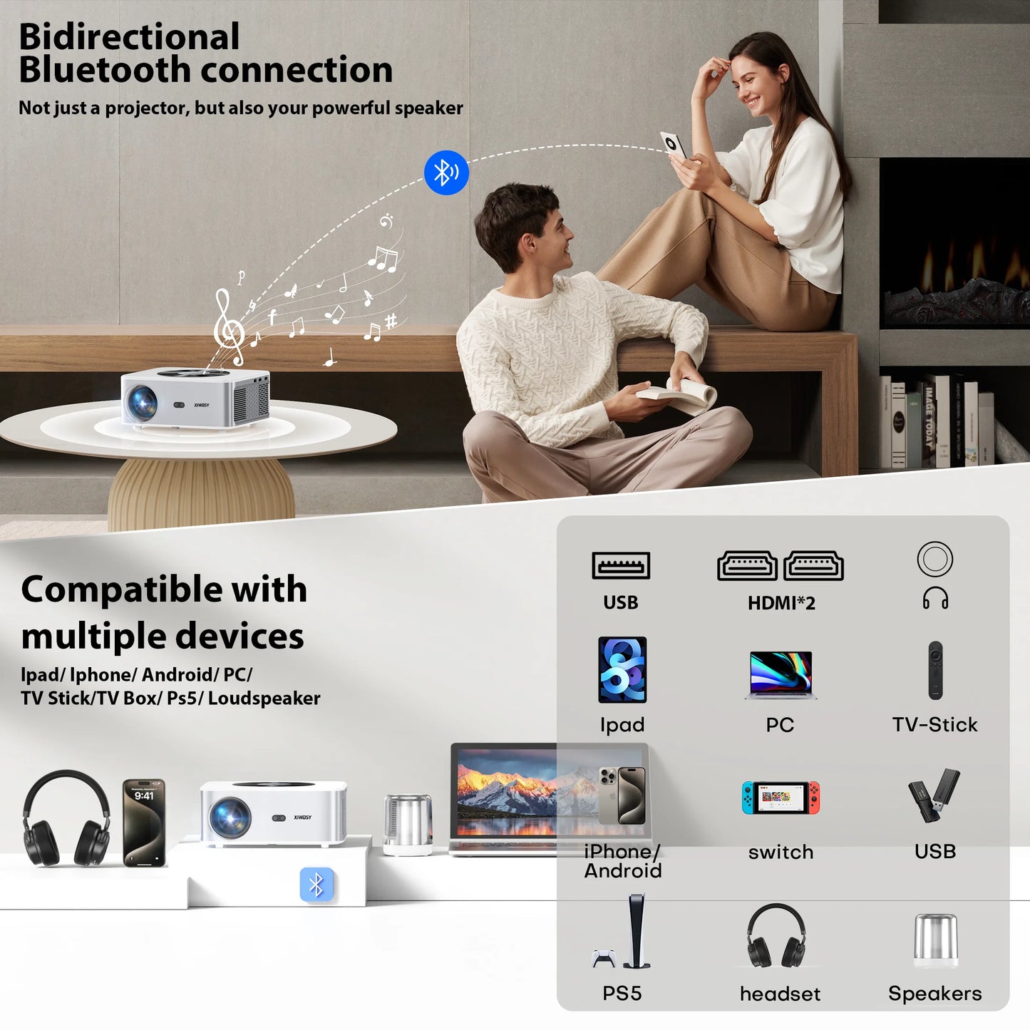 Vidéoprojecteur LED XIWBSY 2025 – 4K support, 30 000 lumens, auto focus, WiFi 6, Bluetooth, portable