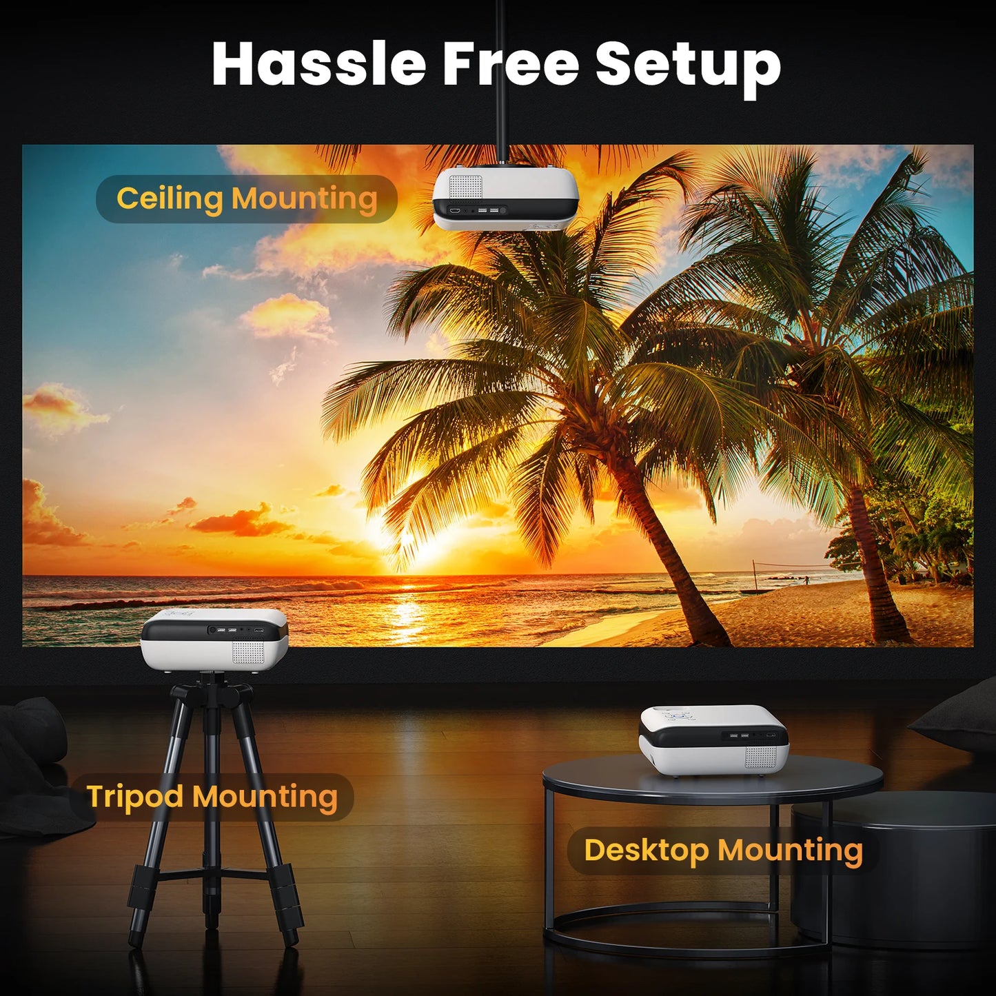 Vidéoprojecteur mini HOPVISION – Full HD 1080p, 4K support, Bluetooth, portable, compatible HDMI/USB