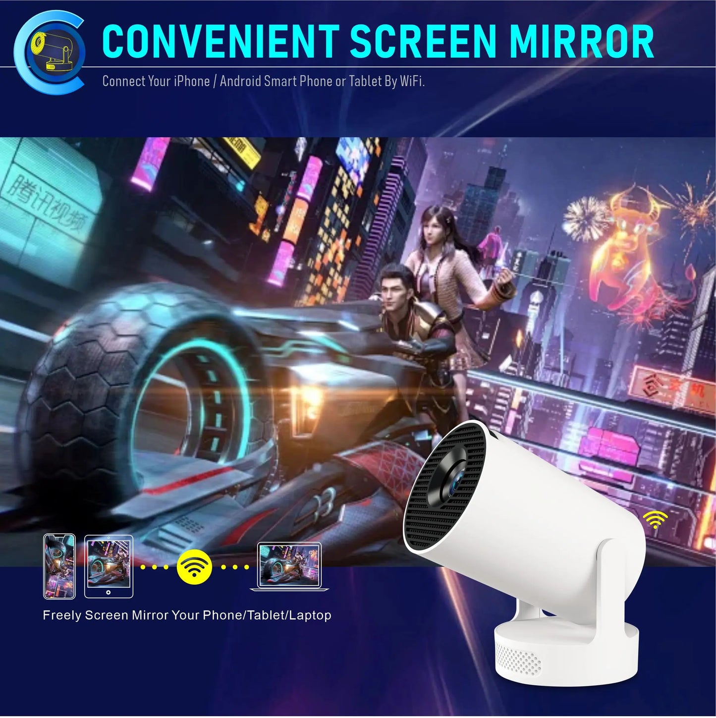 Vidéoprojecteur portable HY300 Ultra – HD 720p, ultra courte portée, Android 11, WiFi 6, Bluetooth 5.4