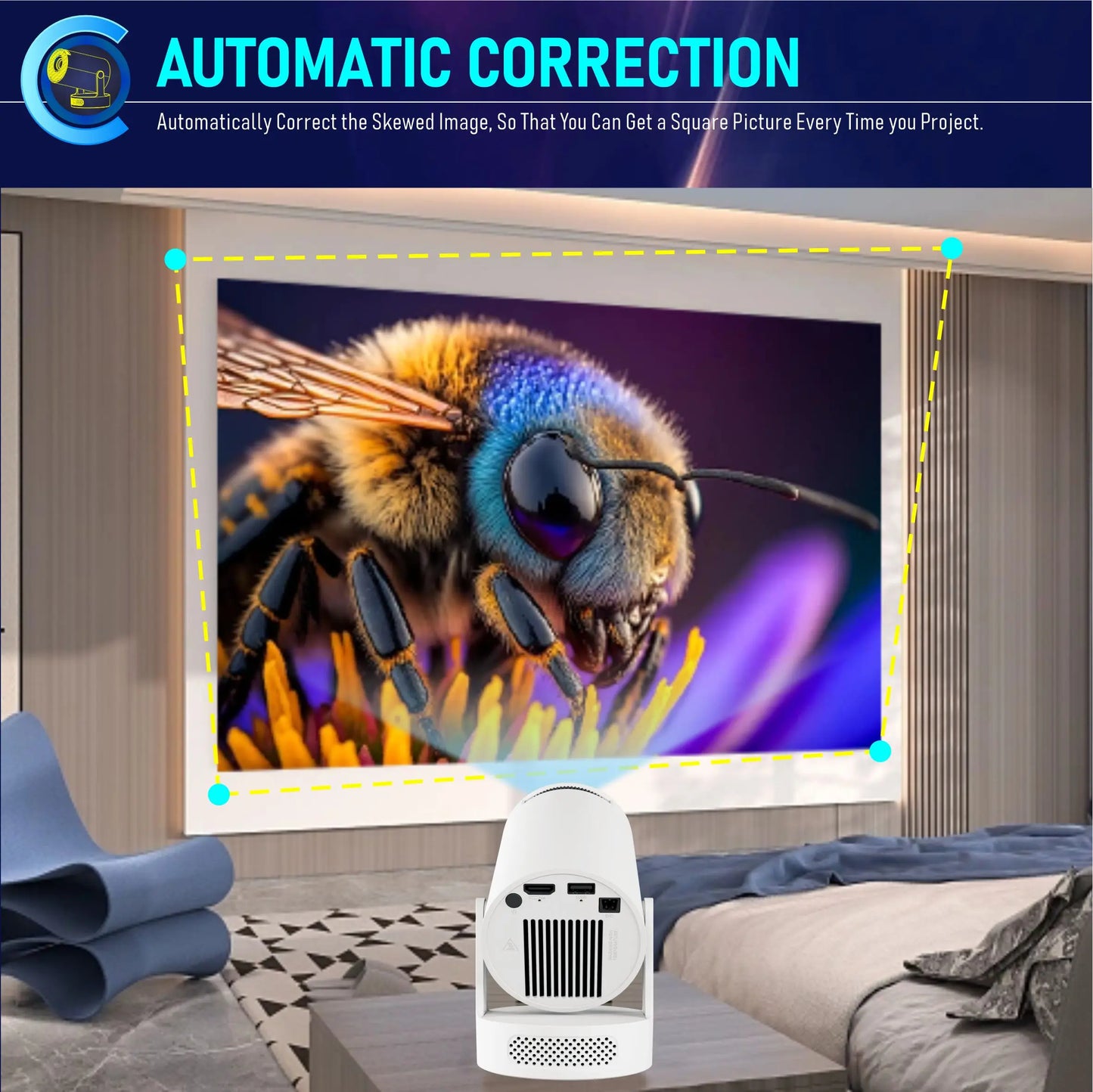 Vidéoprojecteur portable HY300 Ultra – HD 720p, ultra courte portée, Android 11, WiFi 6, Bluetooth 5.4