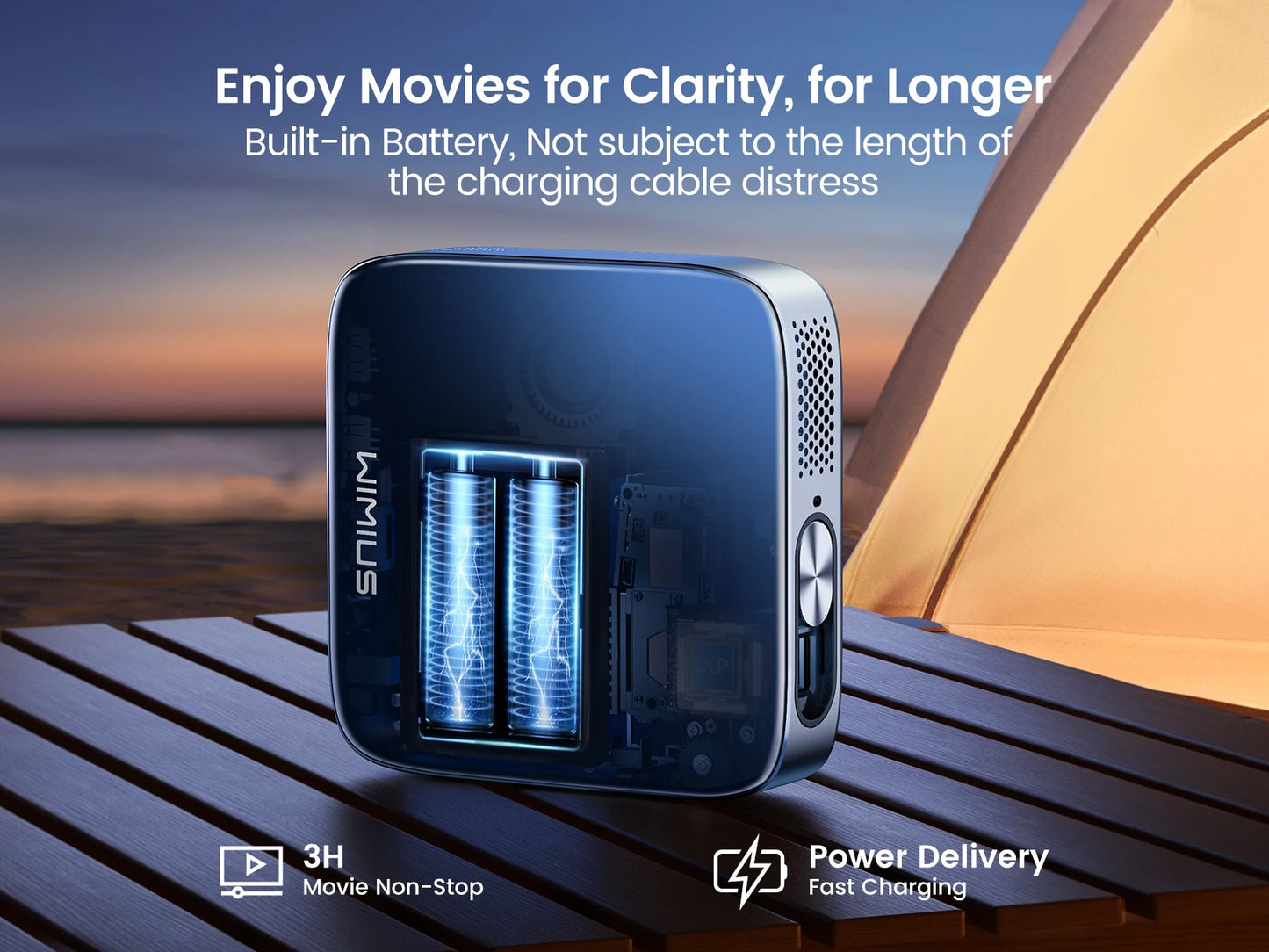 Vidéoprojecteur DLP WiMiUS Mini – Full HD 1080p, ultra courte portée, Android 11, rechargeable