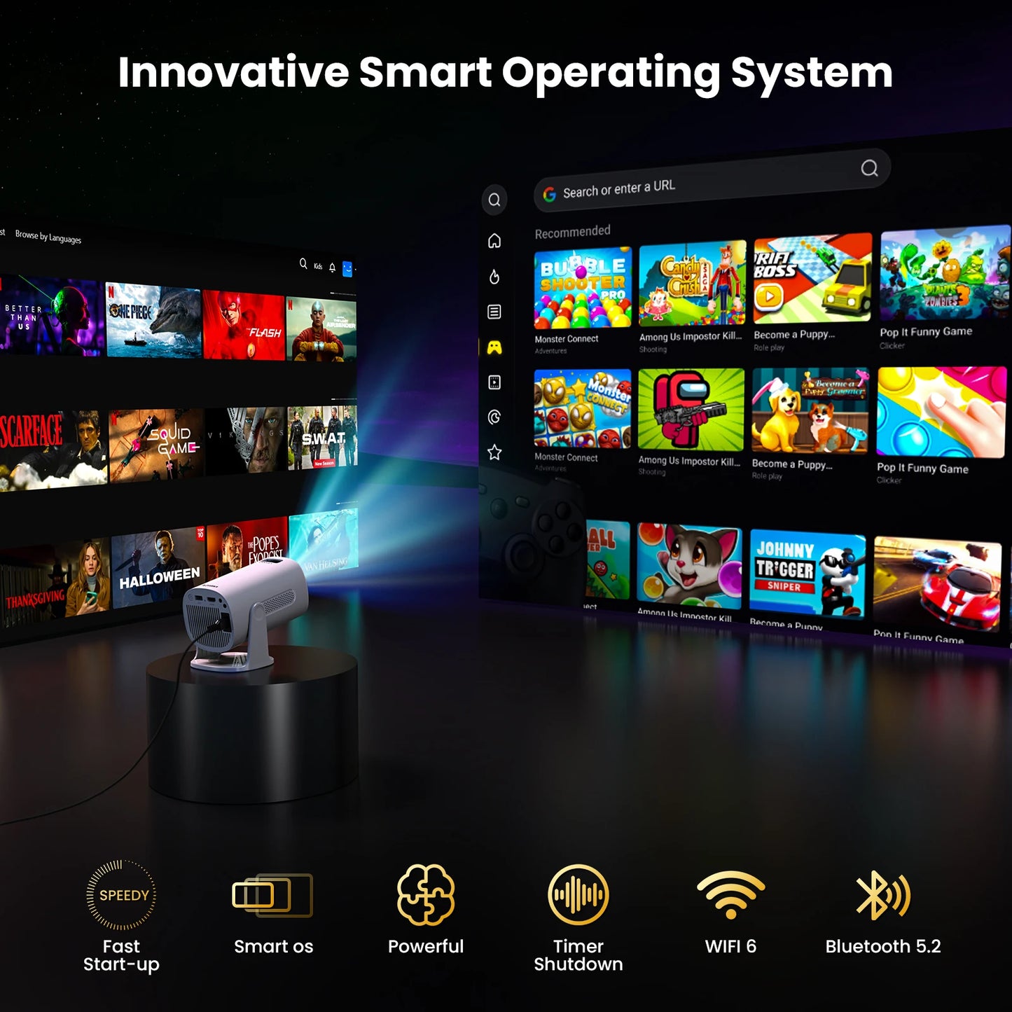 Vidéoprojecteur mini 4K/1080p – WiFi 6, Bluetooth, Galaxy mode, Android TV, haut-parleurs stéréo