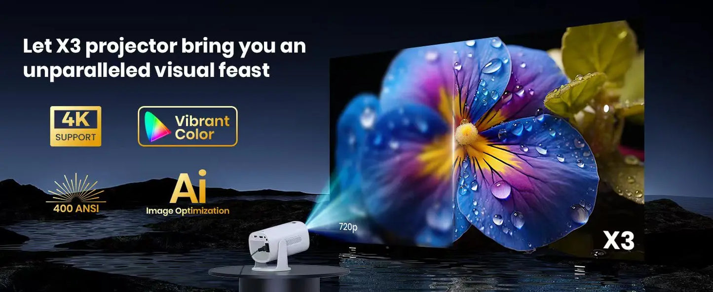 Vidéoprojecteur mini 4K/1080p – WiFi 6, Bluetooth, Galaxy mode, Android TV, haut-parleurs stéréo