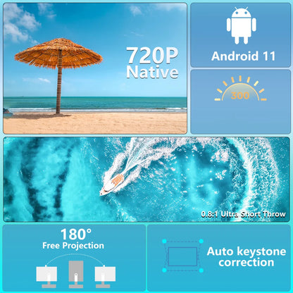 Vidéoprojecteur portable HY300 Ultra – HD 720p, ultra courte portée, Android 11, WiFi 6, Bluetooth 5.4