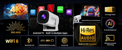 Vidéoprojecteur mini 4K/1080p – WiFi 6, Bluetooth, Galaxy mode, Android TV, haut-parleurs stéréo