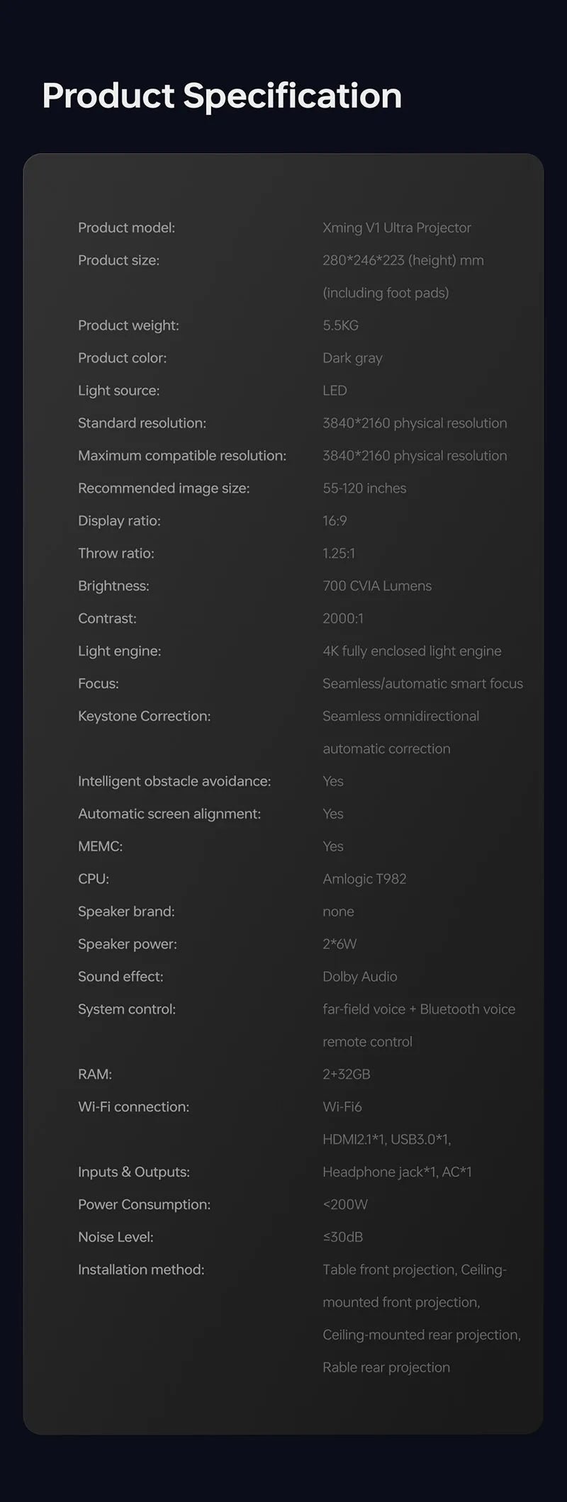 Vidéoprojecteur laser Formovie Xming V1 Ultra – 4K natif, 700 lumens, Dolby Audio, compact