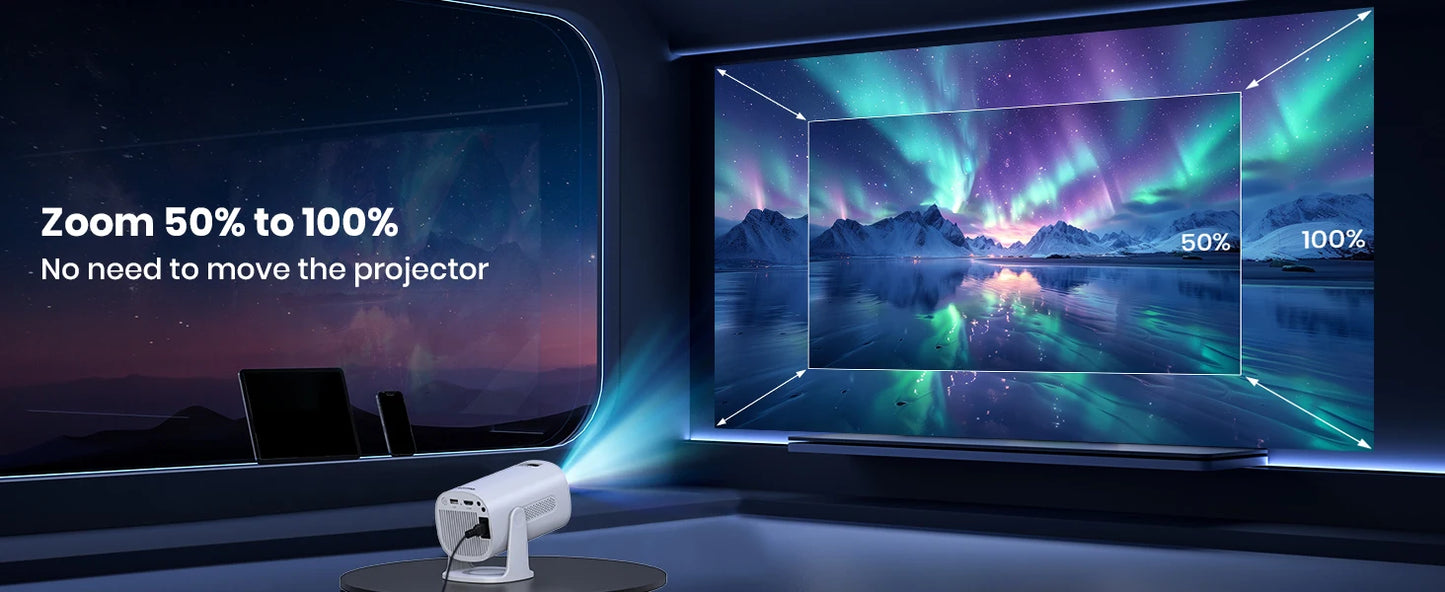 Vidéoprojecteur mini 4K/1080p – WiFi 6, Bluetooth, Galaxy mode, Android TV, haut-parleurs stéréo