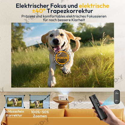 Vidéoprojecteur Android 12 – Full HD, 4K support, WiFi 5G, mise au point motorisée, trépied inclus