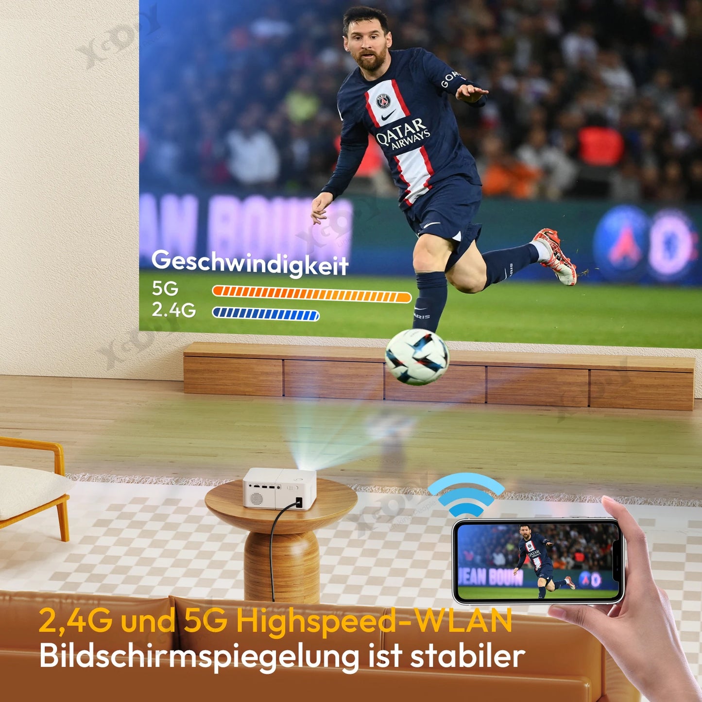 Vidéoprojecteur Android 12 – Full HD, 4K support, WiFi 5G, mise au point motorisée, trépied inclus
