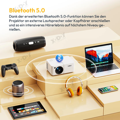 Vidéoprojecteur Android 12 – Full HD, 4K support, WiFi 5G, mise au point motorisée, trépied inclus