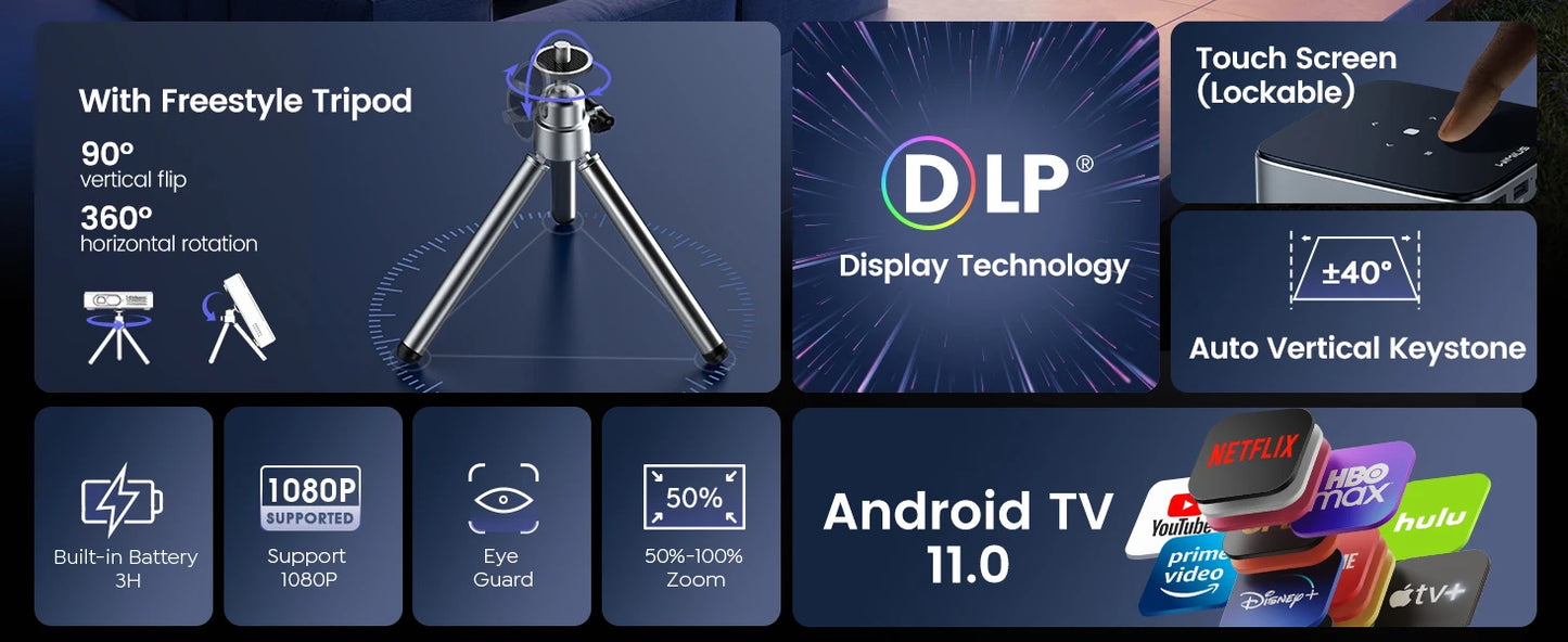 Vidéoprojecteur DLP WiMiUS Mini – Full HD 1080p, ultra courte portée, Android 11, rechargeable
