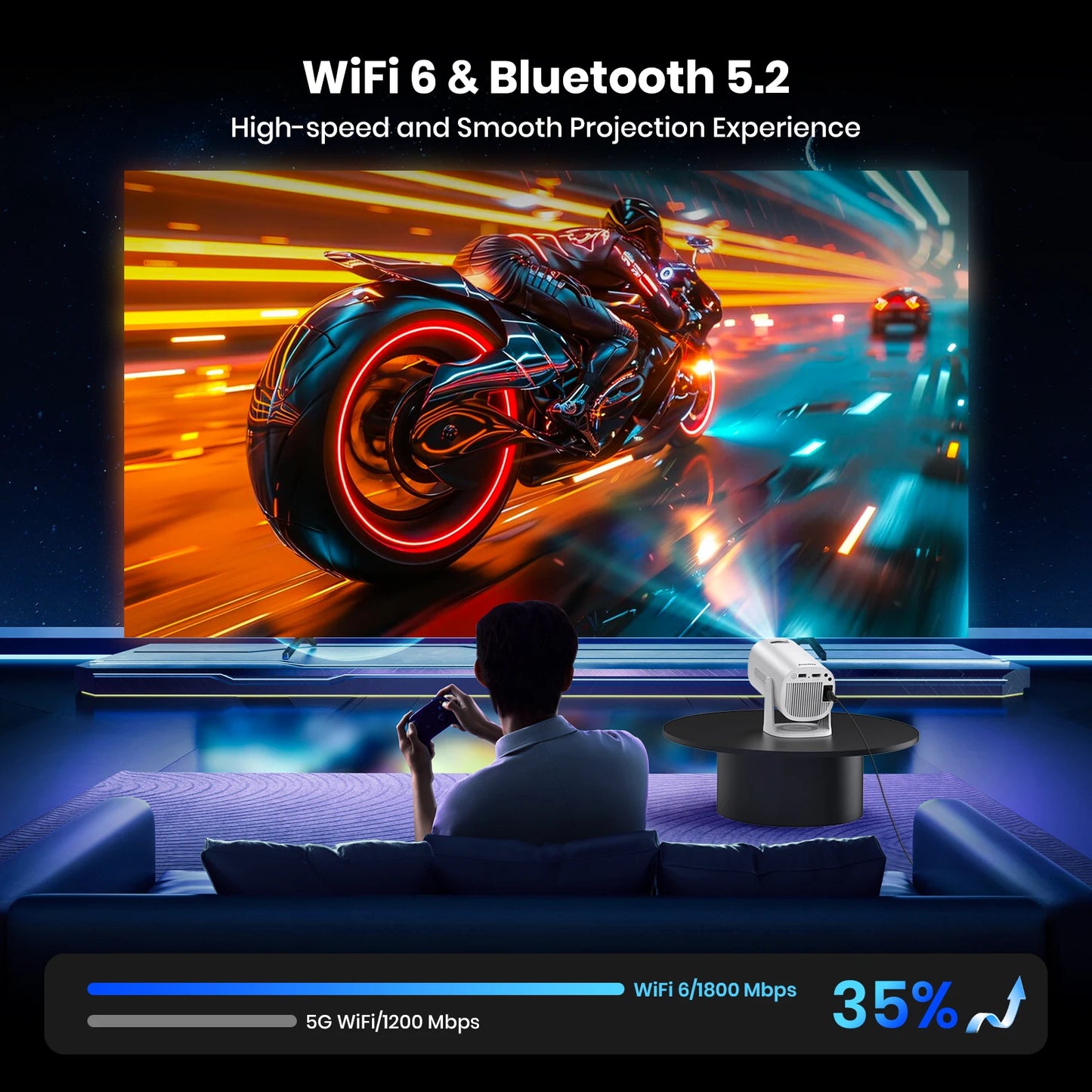 Vidéoprojecteur mini 4K/1080p – WiFi 6, Bluetooth, Galaxy mode, Android TV, haut-parleurs stéréo